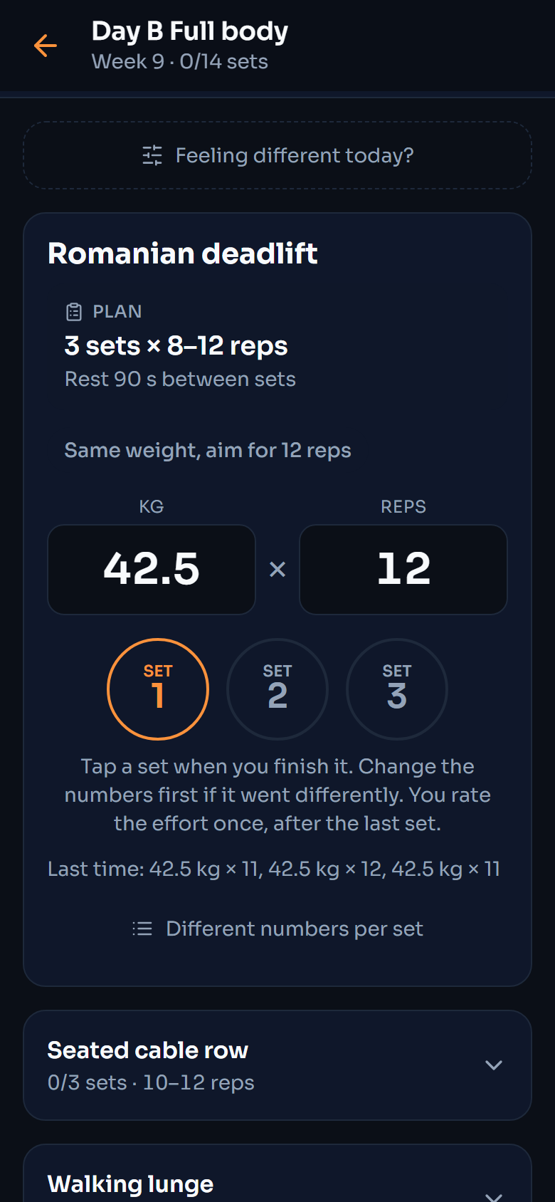 Workout: tap each set